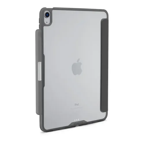 Case for iPad Air with transparent back, gray frame, side mount with pen, camera cutout and Smart Connector opening.