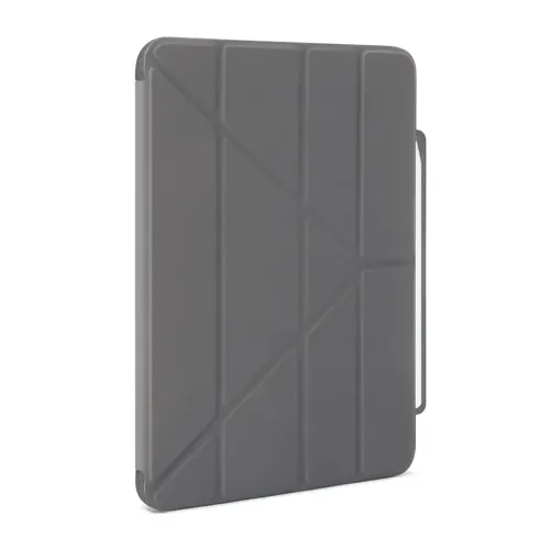 iPad Air 11" case in gray with origami folding lid, slim profile, cut-out at bottom edge and pen holder along right edge.