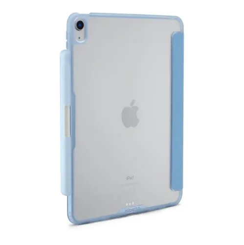 Light blue iPad case with transparent back, camera cut-out and side pocket with pen, shown from the back in oblique three-quarter view.