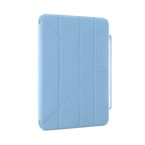 Pipetto Origami Pencil Case, light blue iPad case with folding patterned lid, side mounted pencil holder and opening visible at the bottom.
