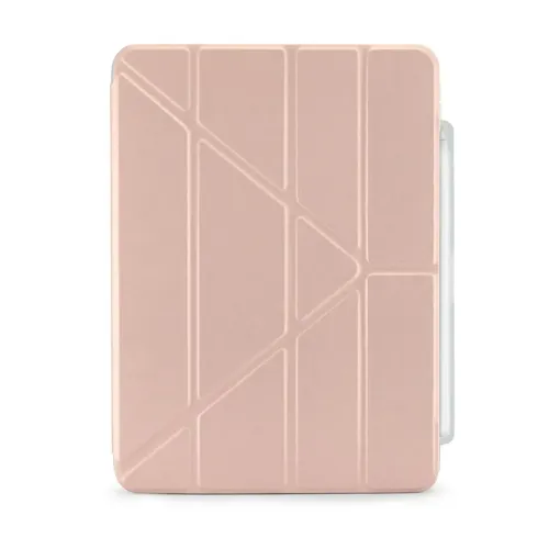 Pennetrekk til iPad Air 11 i rosa metallic med origami-preget lokk og hvit penn i sidemontert holder, sett forfra.