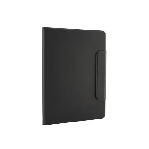 Schwarzes iPad-Folio in geschlossener Position mit glatter Oberfläche, abgerundeten Ecken und schlankem Profil sowie einer länglichen Magnetlasche entlang der rechten Außenkante.