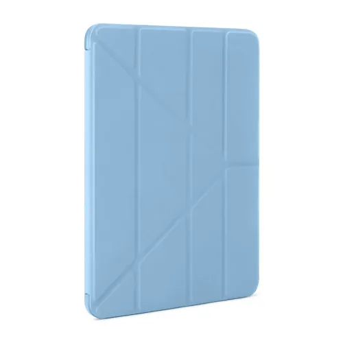 Hellblaues Origami-Case für das 10,9"-iPad mit gefalteter Vorderseite, schlankem Profil und abgerundeten Ecken, aus schrägem Blickwinkel.