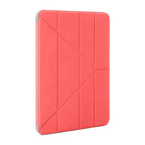 Pinkes iPad Case 10,9" mit eingeprägten Faltlinien, geschlossen; schlankes Profil und Aussparungen an den oberen und unteren linken Ecken, angewinkelt.