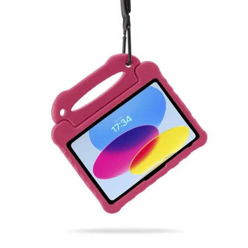 Pinkes Aktivitäts-Case für iPad 10th gen mit Tragegriff, robusten Kanten und Riemenbefestigung, abgebildet hängend im Querformat, nach vorn ausgerichtet.