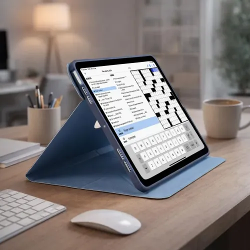 Étui support Pipetto Origami No6 pour iPad Air 13 (2024), bleu foncé, plié en support en mode portrait sur un bureau.