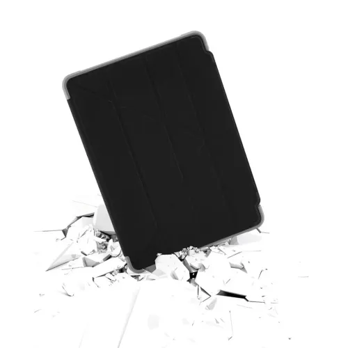 Pipetto iPad 10,2-Schutzhülle in Schwarz mit Standfunktion, aufrecht auf einem weißen Hintergrund dargestellt