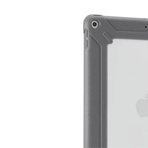 Robuste Pipetto iPad-Schutzhülle mit strukturierter grauer Abdeckung, erhöhten Ecken und transparenter Rückseite