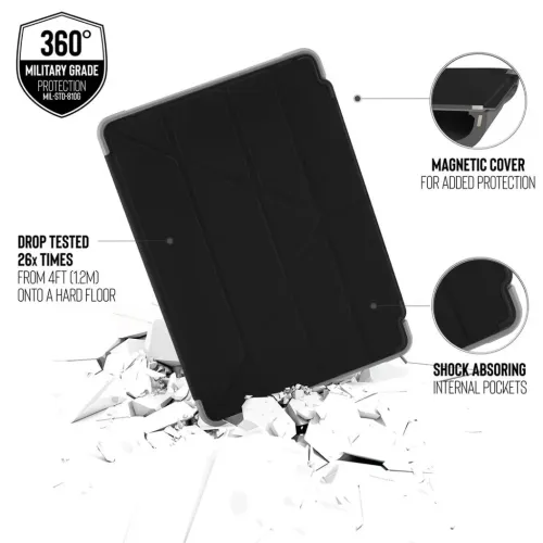 Pipetto Origami Shield iPad Air 10,5-Hülle in Schwarz – Infografik mit Fallschutz nach Militärstandard und magnetischer Abdeckung