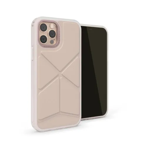 Pipetto Origami Snap Case für iPhone 12 Pro Max, transparent und beige mit ausklappbarem Ständer und Kameraschutz