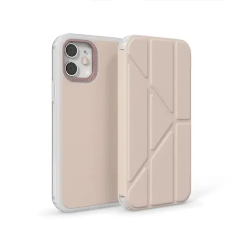 Pipetto Origami Folio Case für iPhone 12 Pro Max in Beige, geschlossen und geöffnet dargestellt, mit transparenten Schutzkanten