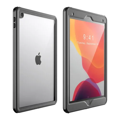 Pipetto robuste, spritzwassergeschützte Hülle für iPad 10,2", abgebildet in Schwarz und transparent mit erhöhten Schutzrändern.