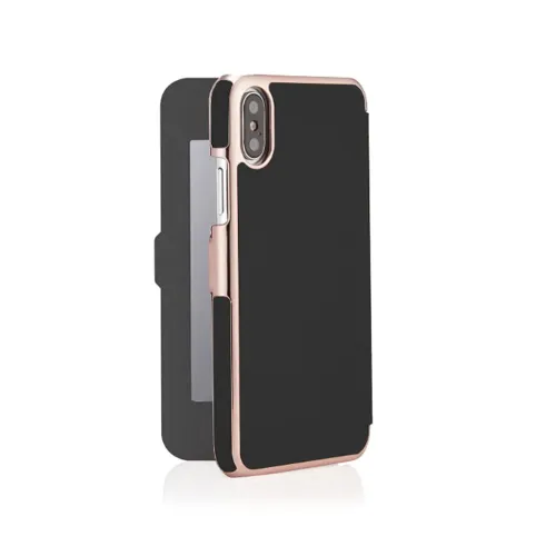 Pipetto iPhone XR Brieftaschenhülle in Schwarz und Roségold mit Spiegelpanel und umklappbarer magnetischer Abdeckung