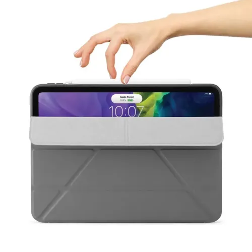 Graue Pipetto Origami iPad Pro 11-Hülle mit 5-in-1-Faltständer und schützender Frontabdeckung