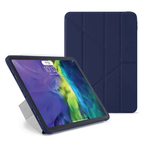 Pipetto iPad Air 4 Origami 5-in-1-Standhülle in Marineblau, aufgeklappt mit iPad im Betrachtungsmodus