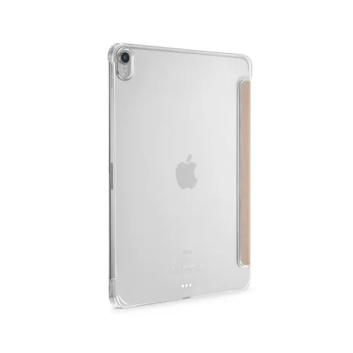 Pipetto iPad Pro 11 Zoll Origami Case in Gold/Transparent, dargestellt auf der Rückseite eines iPads mit transparenter Schutzhülle und seitlicher Klappe.