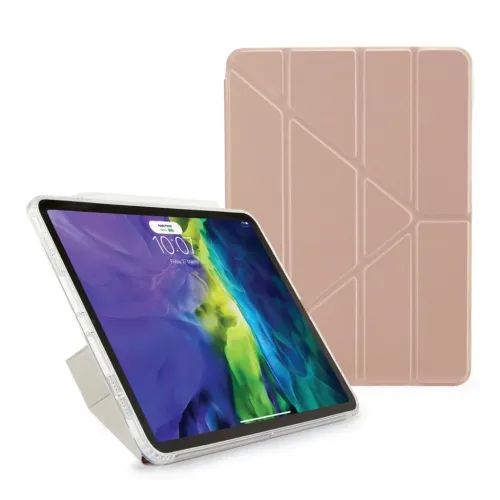 Pipetto iPad Air 4 Hülle mit Origami-Ständer, abgebildet in Roségold mit transparenter Rückseite und gefaltetem Betrachtungsständer