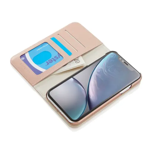 Pipetto rozā magnētisks atlokāms iPhone XR ādas maka vāciņš, atvērts, ar karšu nodalījumiem un tālruni iekšpusē