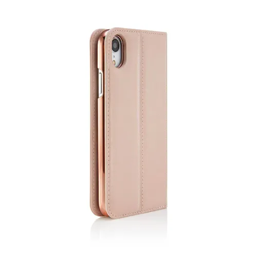 Pipetto magnetische Folio-Hülle für iPhone XR aus rosafarbenem Leder mit Ziernähten und Aussparung für die Rückkamera