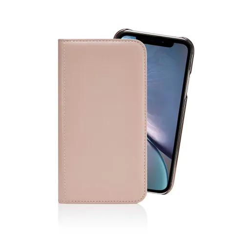 Pipetto Leder-Folio-Hülle in Rosa für iPhone XR, geschlossen dargestellt, mit magnetischer Brieftaschen- und Aufstellfunktion