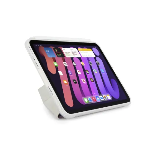 iPad mini Hülle mit Origami-Ständer, im Querformat gezeigt; kleine Lautsprecheröffnungen, Lautstärketasten und erhöhte Kanten rund um den Bildschirm.