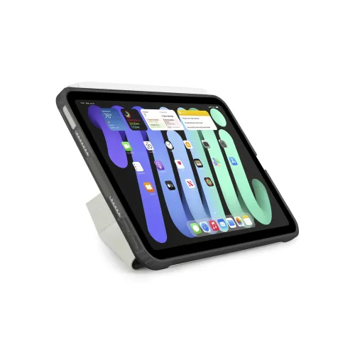 iPad mini Hülle mit schwarzem TPU-Rahmen und faltbarer Origami-Stütze, in der Landscape-Ausrichtung mit sichtbaren Tasten, Lautsprechern und Anschlüssen.