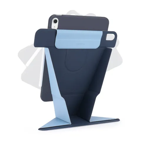 Pipetto Origami No6 Standhülle für iPad Air, gefaltet als marineblauer Betrachtungsständer mit Stylus-Halter.