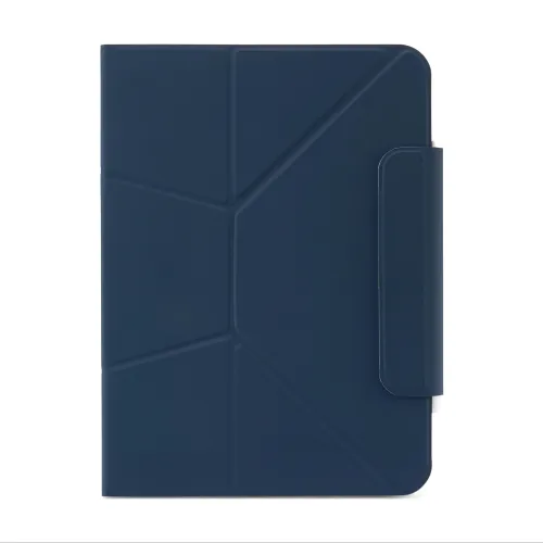Dunkelblaue iPad-Standhülle mit origami-geprägter Vorderseite, abgerundeten Ecken und rechter Seitenklappe, die ein Stiftfach mit weißem Stift abdeckt