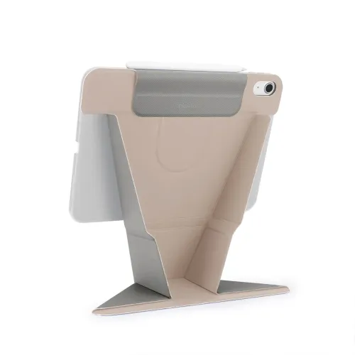 Pipetto Origami No6 standetui til iPad Air, foldet opretstående i beige og grå med stylus øverst