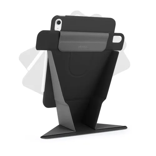 Schwarzes Origami-Standcase für iPad, mit mehreren Neigungswinkeln, weißem Stift, offener Rückseite als Stütze und Kameraaussparung.