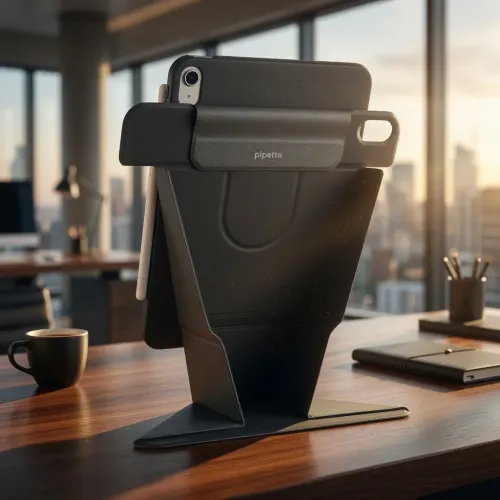 Funda soporte Pipetto Origami No6 para iPad Air 13, plegada en vertical sobre un escritorio con lápiz óptico