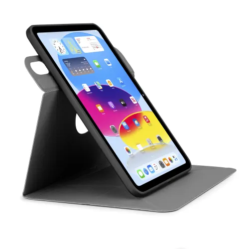 Schwarzes Origami-Standcase zeigt das iPad im Querformat; dreieckige Faltung, Rahmen um den Bildschirm und Öffnung auf der Rückseite.