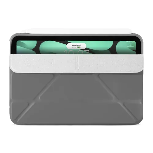 Dunkelgraues Origami-Case für das iPad mini 6 von vorn mit hellgrauer Faltklappe, sichtbarer Schnittkante und oben angebrachtem Apple Pencil.