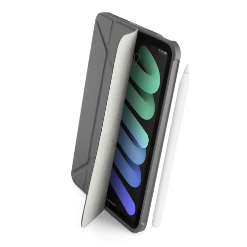 Pipetto iPad mini 6 Origami No1 Hülle in Dunkelgrau, teilweise geöffnet mit gefaltetem Deckel und hellem Innenfutter, Apple Pencil an der Seite.