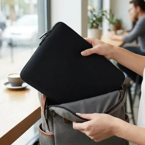 Housse noire Pipetto pour MacBook Air avec fermeture zippée sur tout le pourtour, tenue au-dessus d’un sac à dos ouvert dans un café