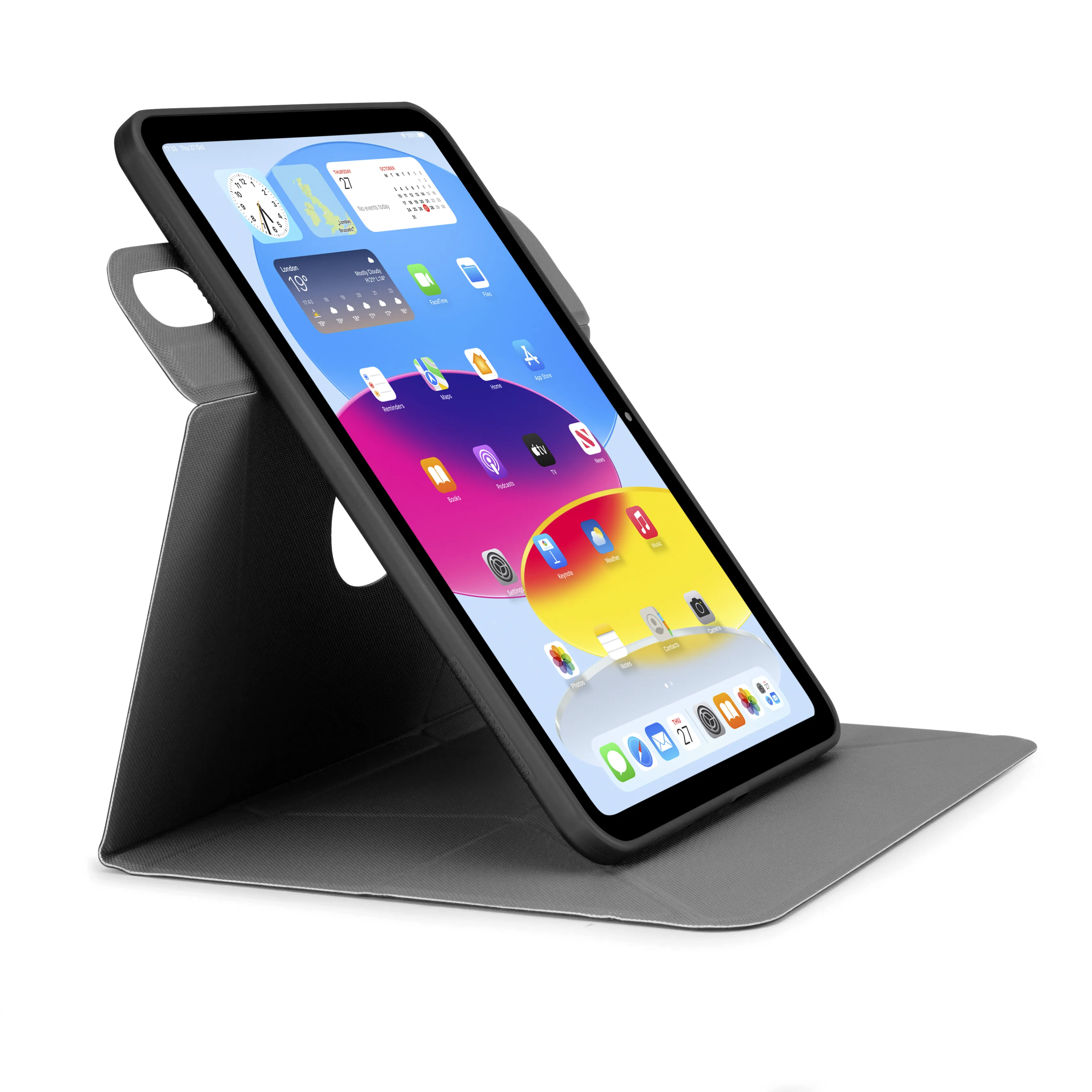 Svart origami-stativfodral visar iPad i landskapsläge; triangelformad vikning, kant runt skärmen och öppning på baksidan.