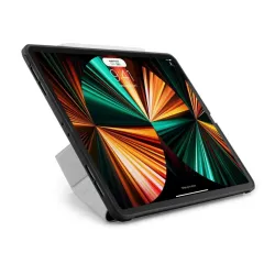 Mörkgrått Pipetto Origami 5-i-1-fodral för iPad Pro 12,9" (2021) med antibakteriellt skydd och Apple Pencil-kompatibilitet.